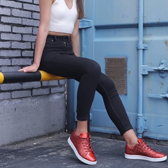 Glitter Shoes Sparkly Bling Shiny Bedazzled Lace up Fashion Sneakers for Women - Picture 4 of 6